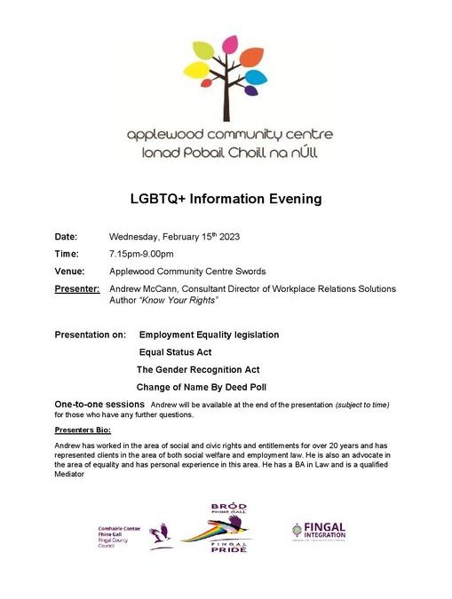 As part of Fingal Winter Pride, Applewood Community Centre is hosting an “LGBTQ+ Information Evening”